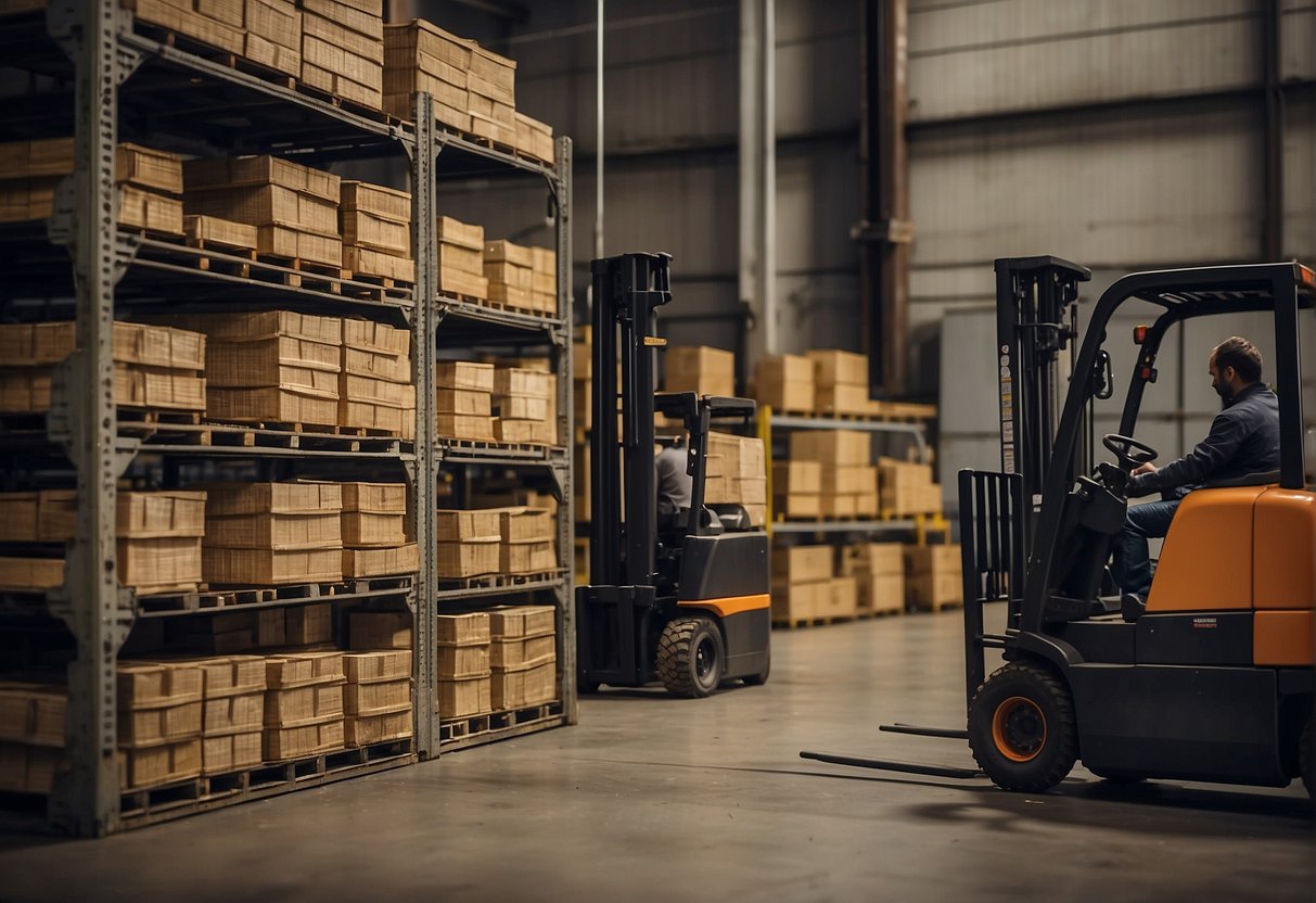 Ammunition is stacked in outdoor storage areas, with forklifts moving crates and workers organizing inventory