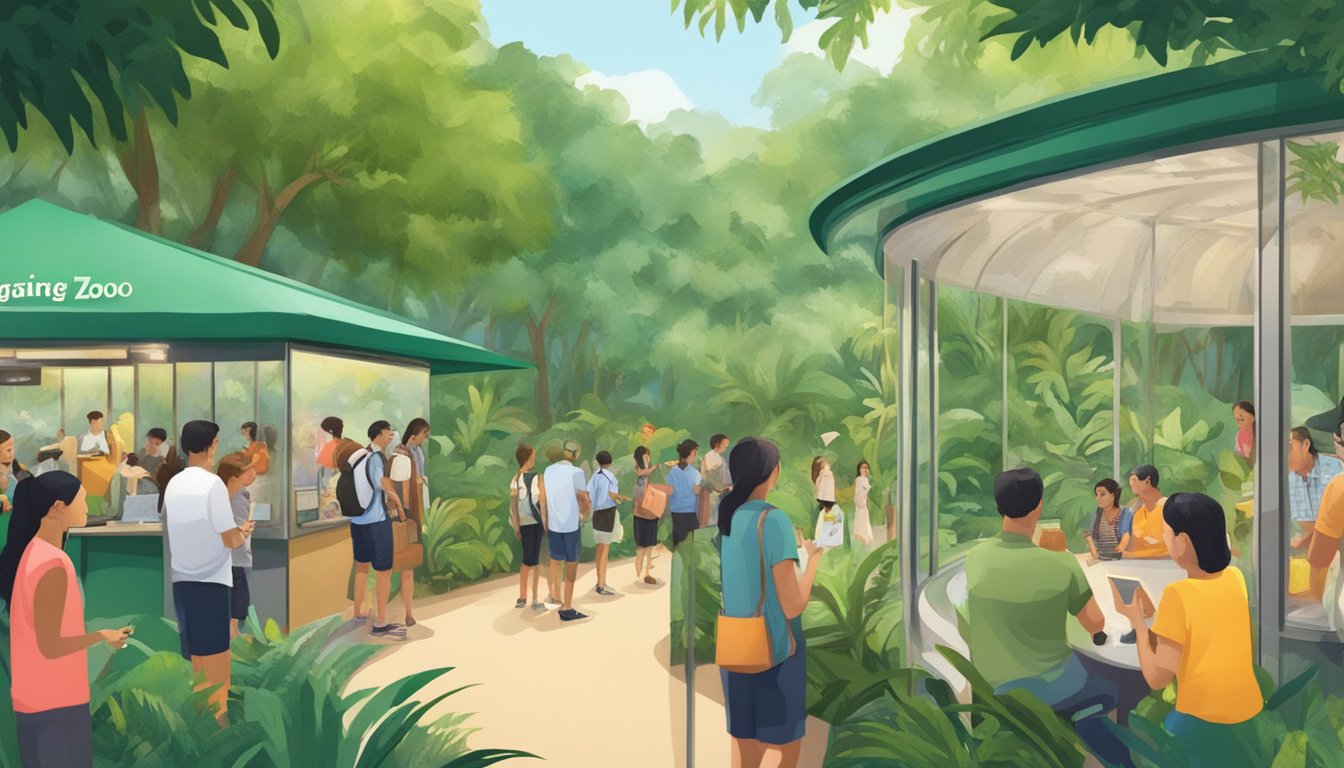 Visitors purchase Singapore Zoo tickets from a booth, surrounded by lush greenery and animal sounds
