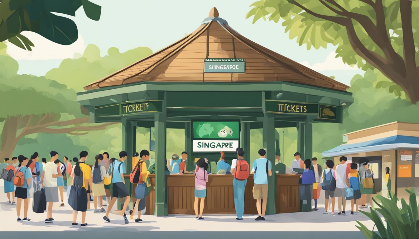 Visitors purchasing tickets at the Singapore Zoo entrance. Ticket booth with a sign displaying "Singapore Zoo Tickets" and a queue of people
