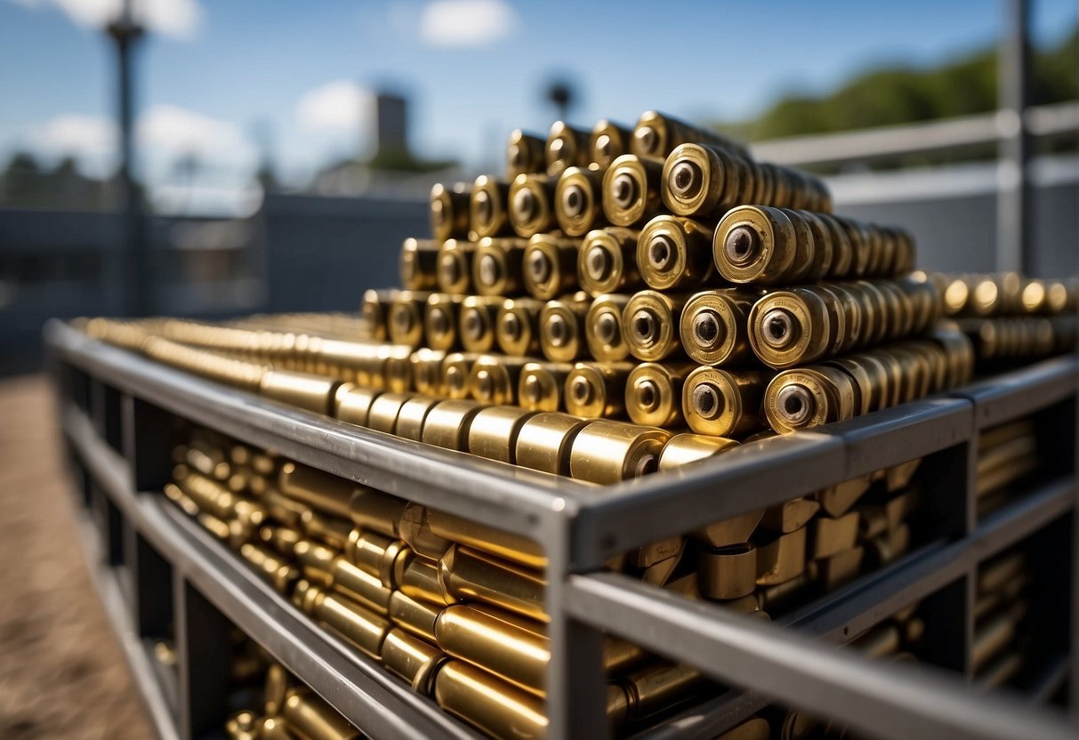 Ammunition stacked neatly in outdoor storage, surrounded by high fences and security cameras