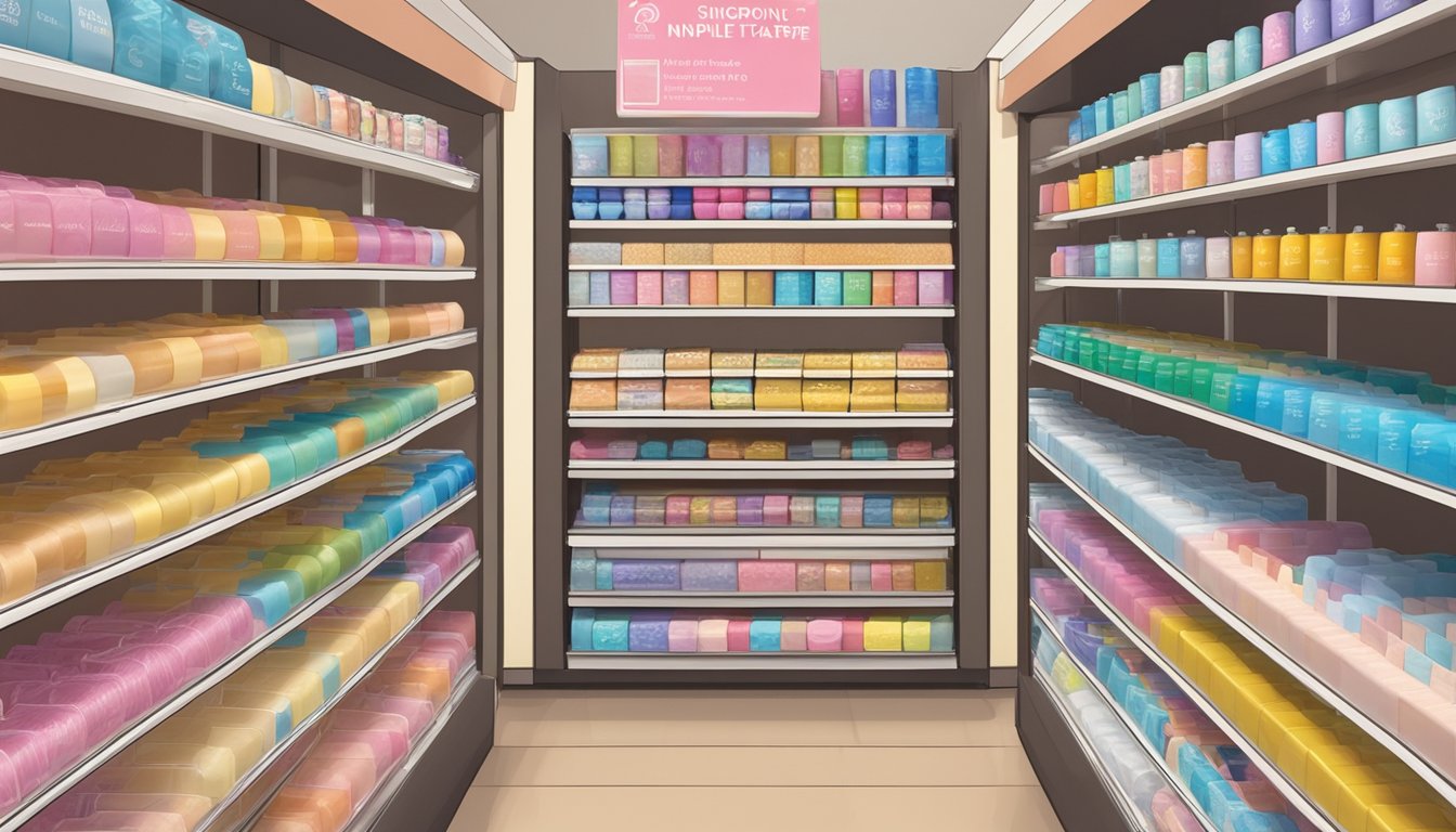 A display of nipple tape in a Singapore store, with various brands and options, labeled "Frequently Asked Questions: Where to buy nipple tape in Singapore."