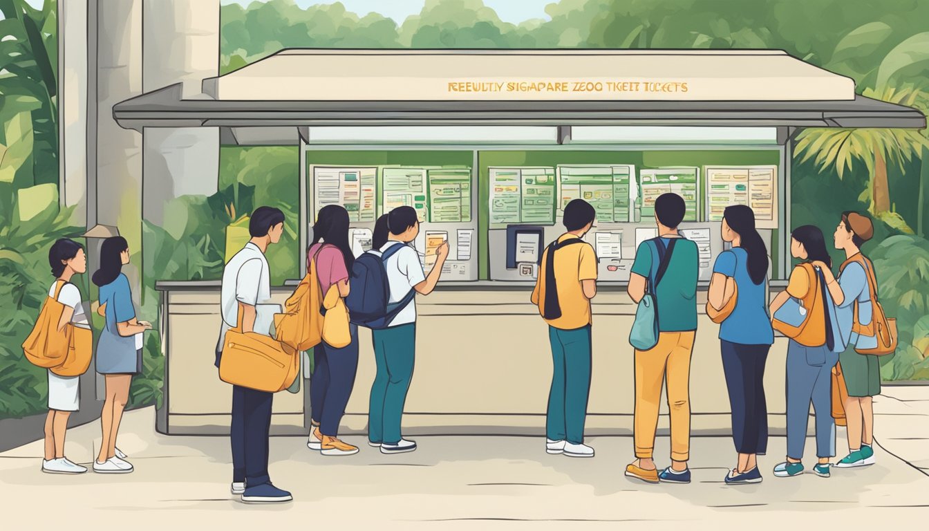Visitors line up at the ticket booth, holding cash or credit cards. A sign displays "Frequently Asked Questions" for purchasing Singapore Zoo tickets