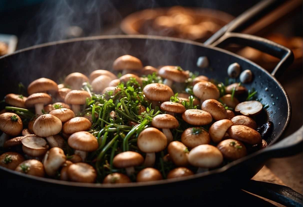 Shimeji mushrooms sizzle in a hot wok with garlic, ginger, and soy sauce, creating a savory aroma