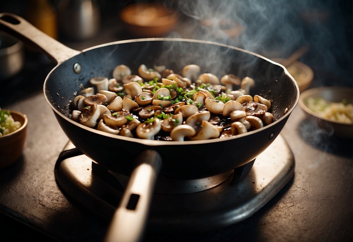 Shimeji mushrooms sizzling in a hot wok with garlic, ginger, and soy sauce. Steam rises as the ingredients are tossed together in a Chinese-style stir-fry