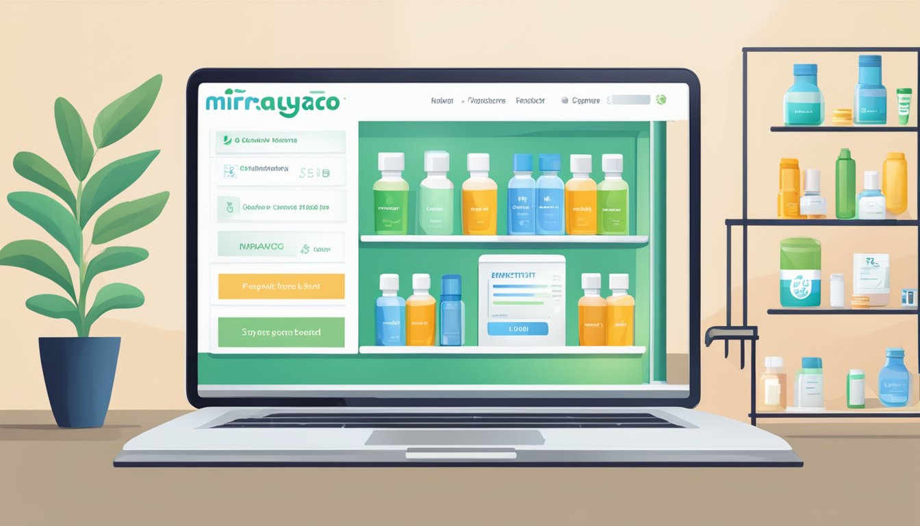 A computer screen displaying an online pharmacy website with the option to purchase Mirvaso gel