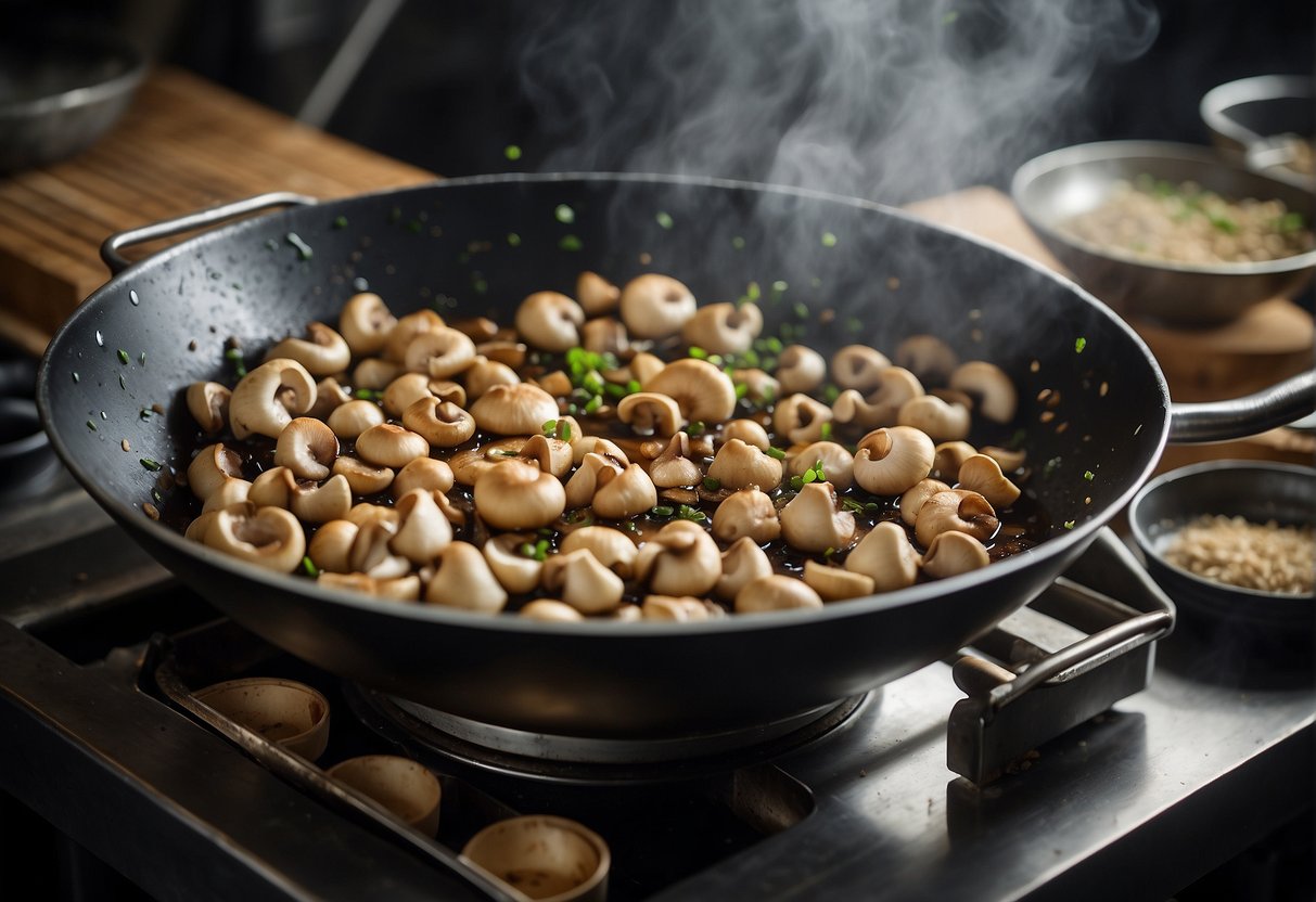 Shimeji mushrooms being washed and trimmed, then stir-fried with garlic and soy sauce in a wok