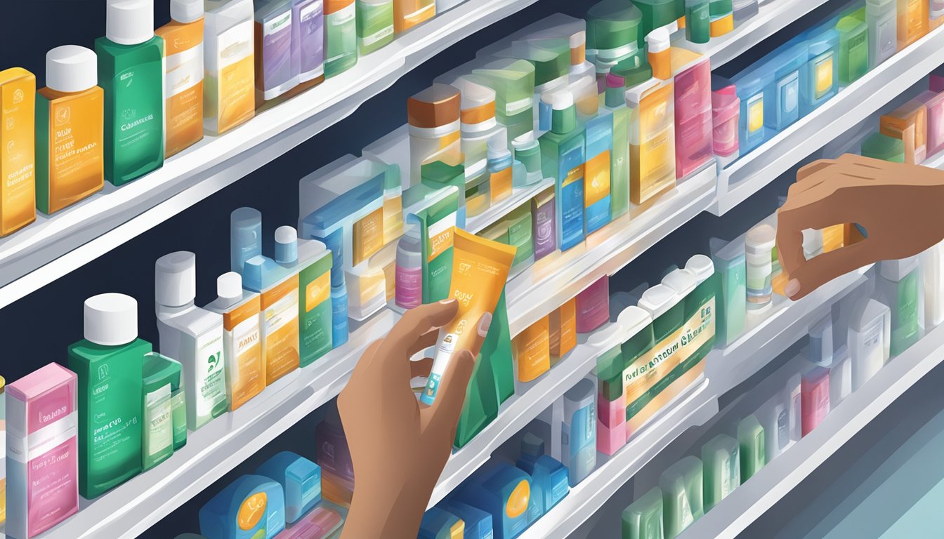 A hand reaching for a tube of Mirvaso gel on a pharmacy shelf