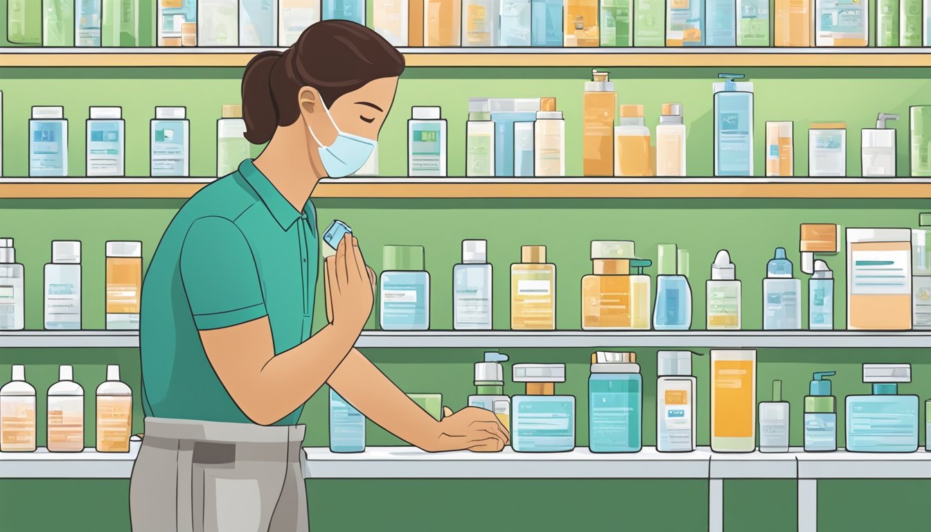 A hand reaches for a tube of Mirvaso gel on a pharmacy shelf. Another hand applies the gel to a flushed face