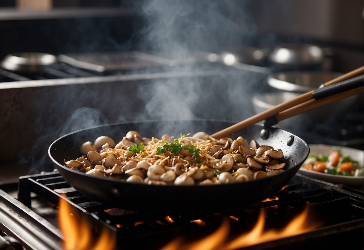 A wok sizzles as shimeji mushrooms are stir-fried with garlic, ginger, and soy sauce. Steam rises as the mushrooms cook to a golden brown