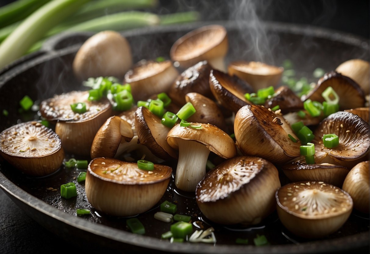 Shimeji mushrooms sizzle in a wok, tossed with soy sauce and garlic. A garnish of fresh green onions and sesame seeds tops the dish
