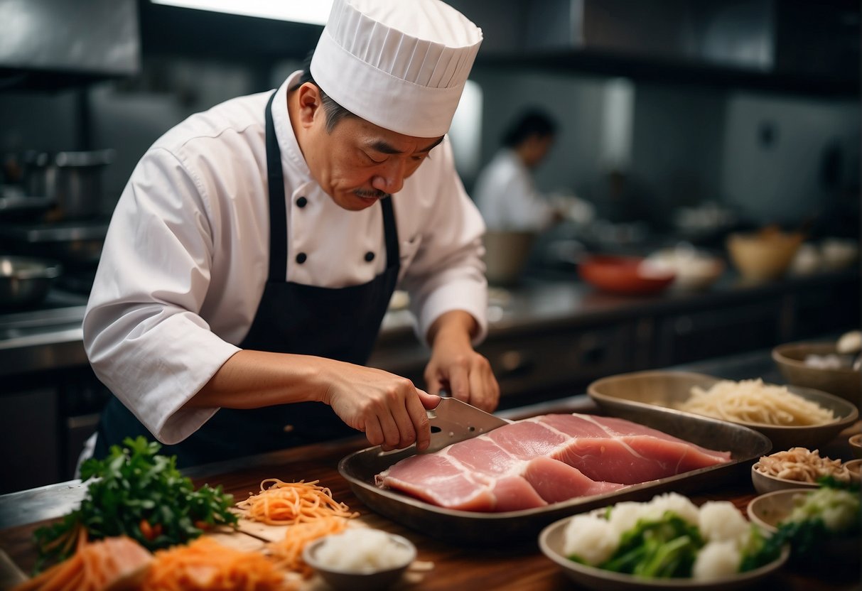 A chef slicing fresh shark meat with precision, surrounded by traditional Chinese cooking ingredients and utensils