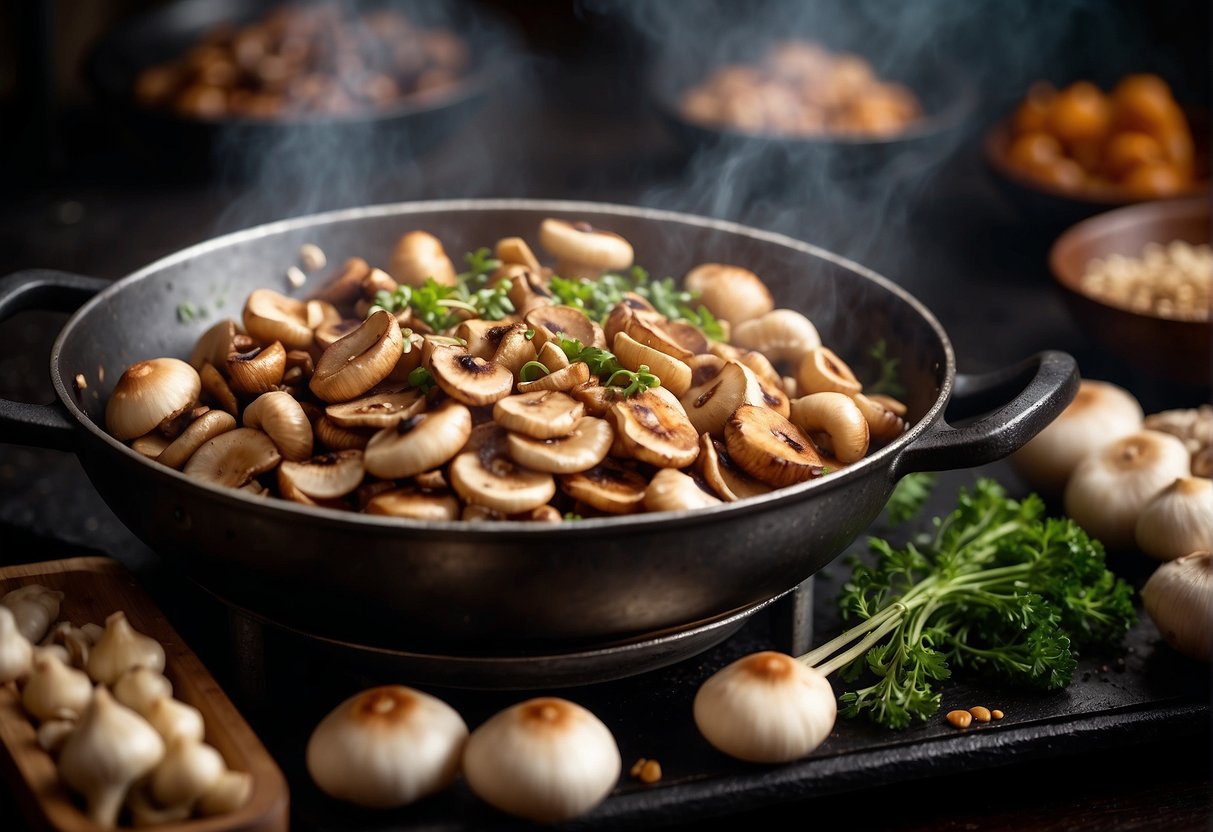 Shimeji mushrooms sizzle in a hot wok, surrounded by garlic, ginger, and soy sauce. Steam rises as the savory aroma fills the air