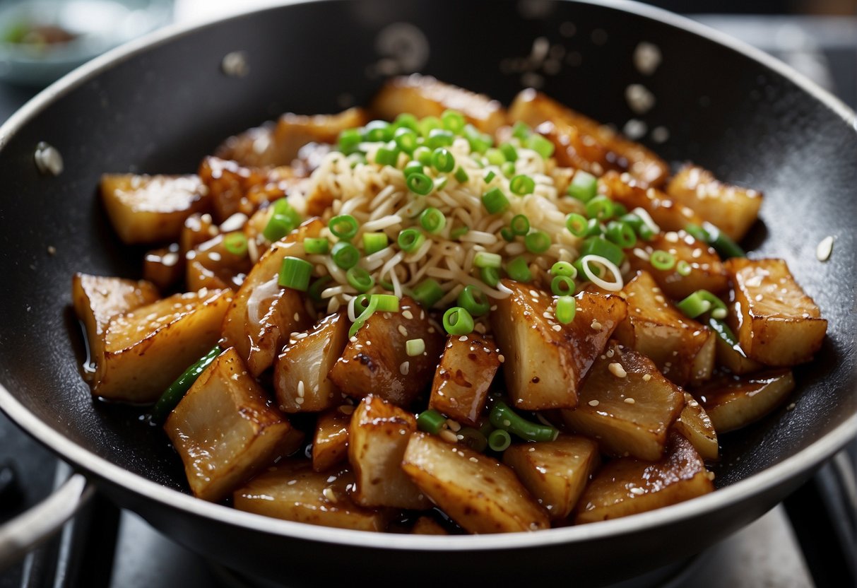 A wok sizzles as shark meat is stir-fried with ginger, garlic, and soy sauce. Green onions and sesame oil are added for flavor