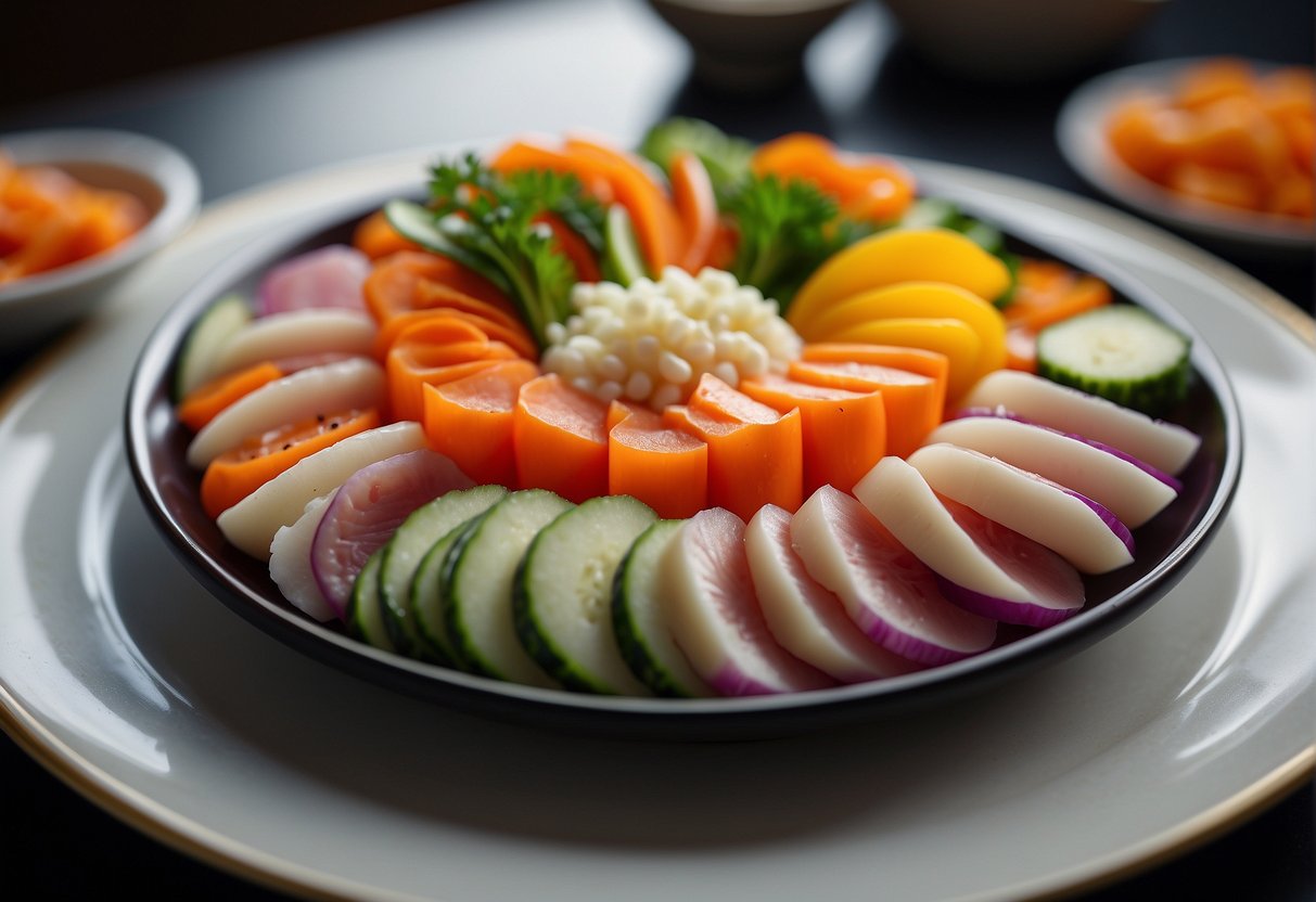 A platter of sliced shark meat garnished with colorful vegetables, arranged in an elegant and artistic manner on a traditional Chinese serving dish