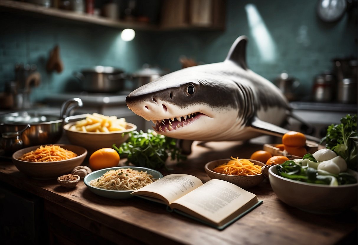 A shark swimming in a Chinese kitchen surrounded by ingredients and cooking utensils, with a recipe book open to "Frequently Asked Questions shark meat Chinese recipe."