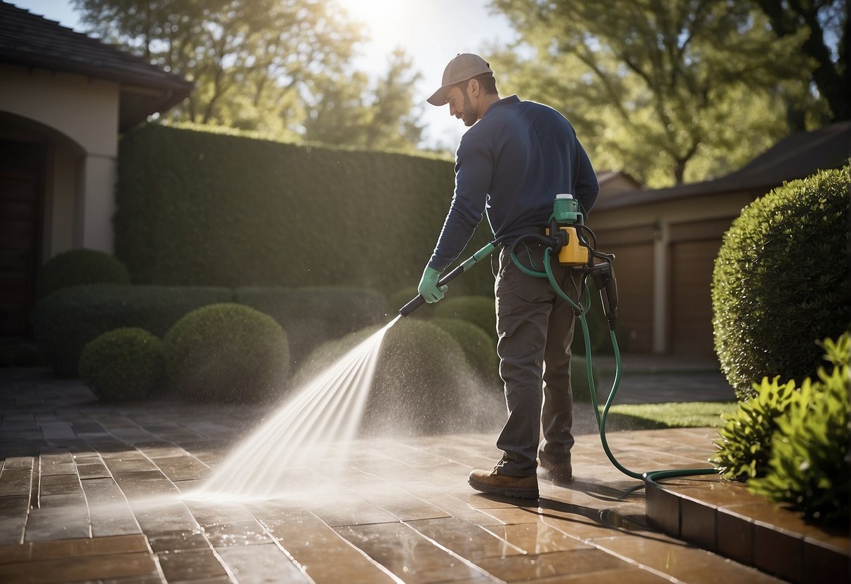 A person using a pressure washer to clean outdoor tiles with soapy water, scrub brush, and hose. Leaves and debris are cleared before starting