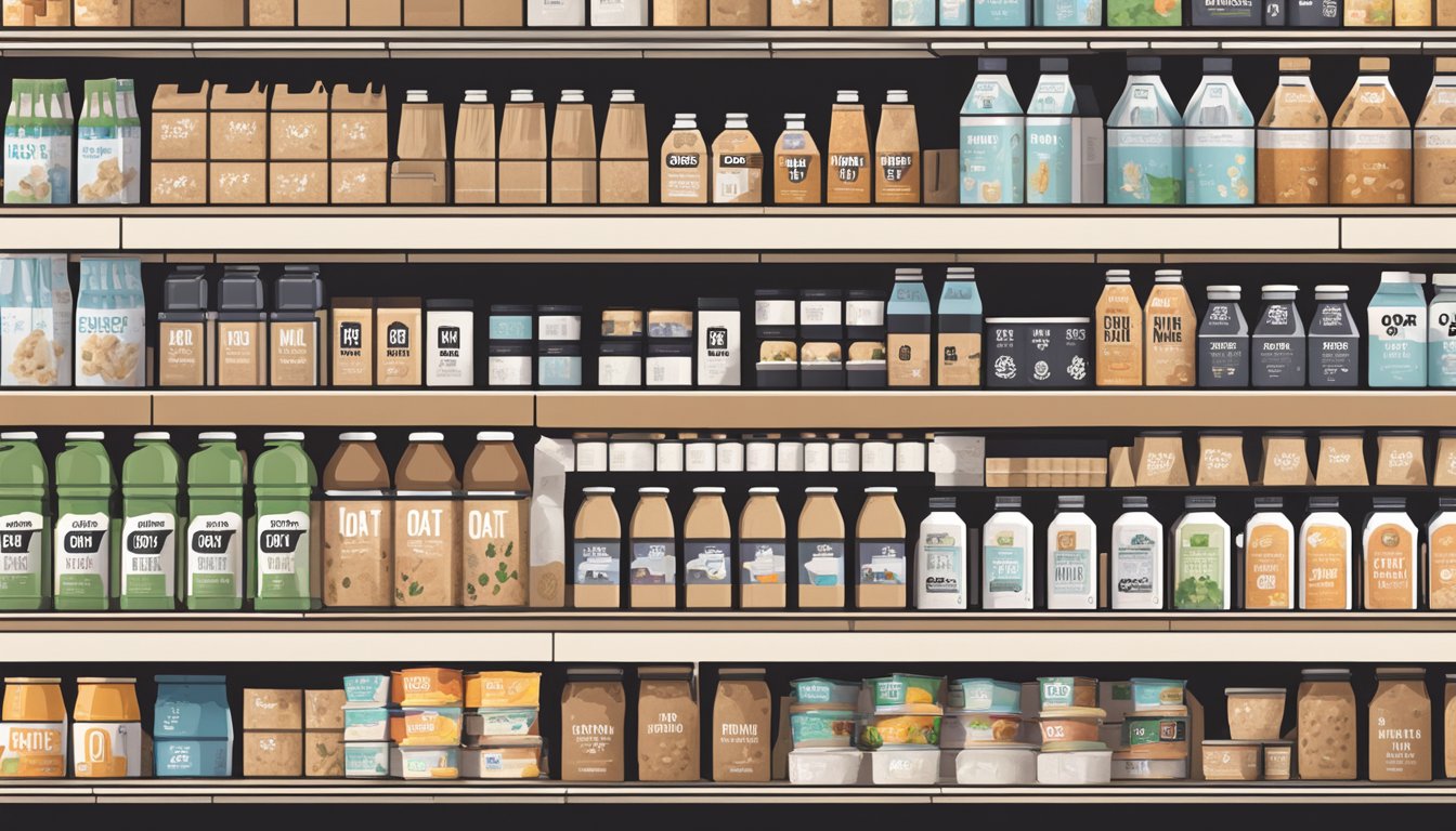 A bustling grocery store shelf displays various Oatly products in Singapore. Customers reach for the popular oat milk brand, while a sign indicates its availability