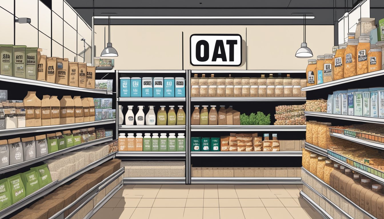 A grocery store shelf displays various Oatly products, including oat milk and oat-based snacks, with clear signage indicating "Oatly" in Singapore
