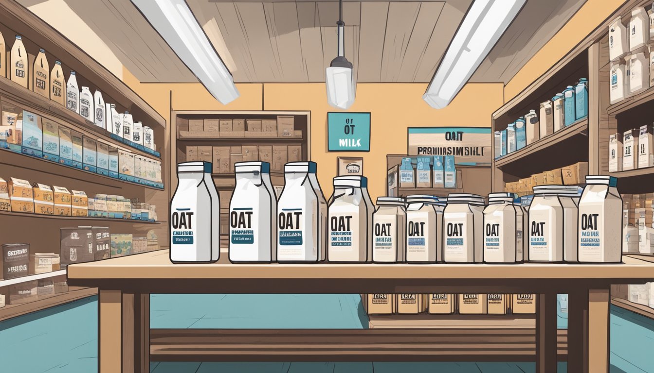 A table with various oat milk cartons, Oatly prominently displayed. Other brands arranged nearby. Store shelves in the background