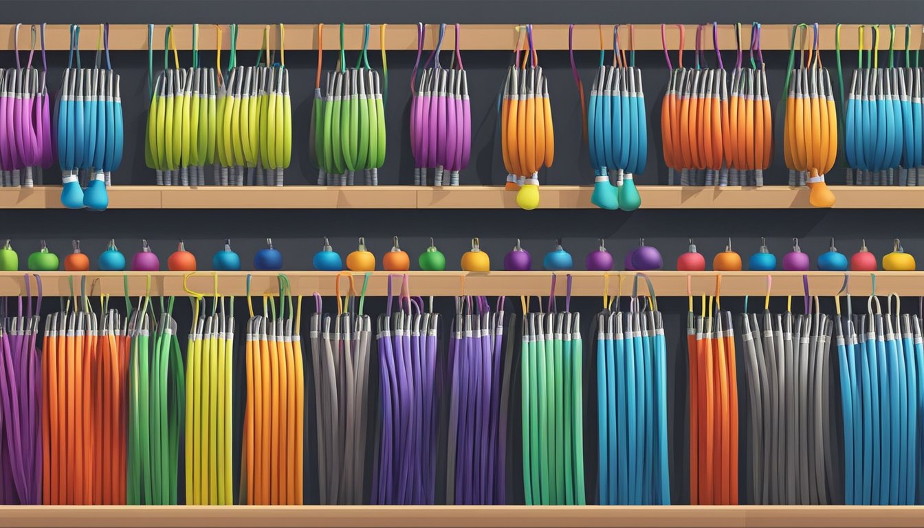 A colorful display of skipping ropes in a sports store in Singapore, with various sizes and styles neatly arranged on shelves