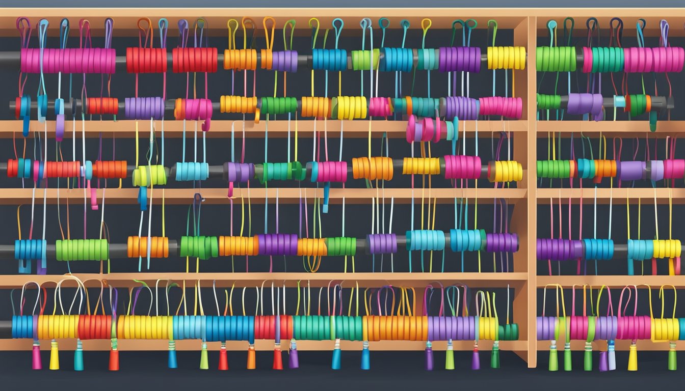A colorful display of various types of skipping ropes, neatly organized on shelves with a "Frequently Asked Questions" sign above them