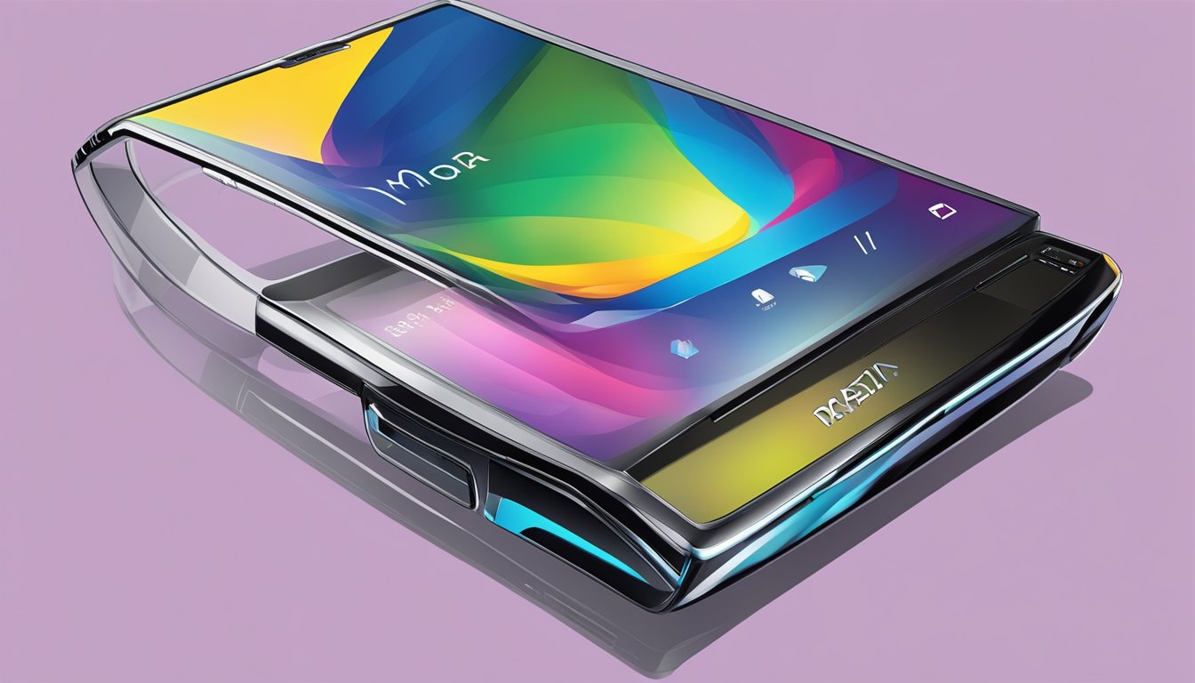A sleek Motorola Razr V3 phone is displayed on a vibrant online shopping website. The product is featured prominently with clear details and a "buy now" button