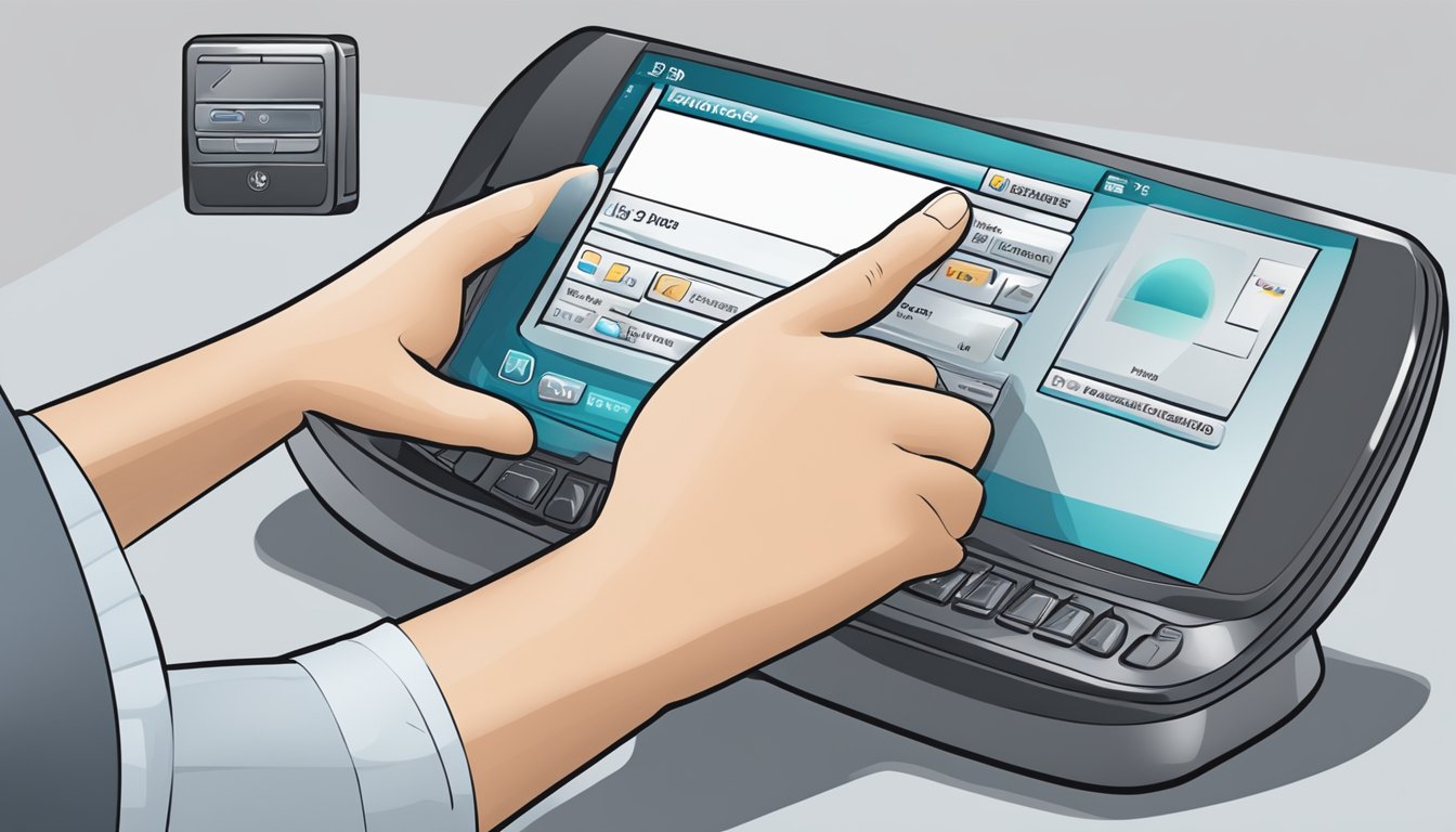 A hand reaches for a sleek Motorola Razr V3 on a computer screen, clicking the "buy online" button