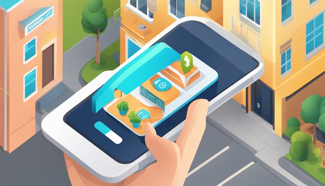 A hand reaches for a smartphone displaying a shopping app. A package is delivered to a doorstep