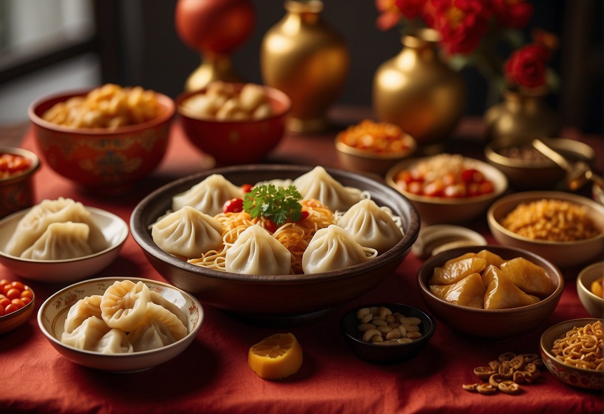 A table adorned with traditional Chinese New Year recipes, including dumplings, noodles, and fish, surrounded by vibrant red and gold decorations