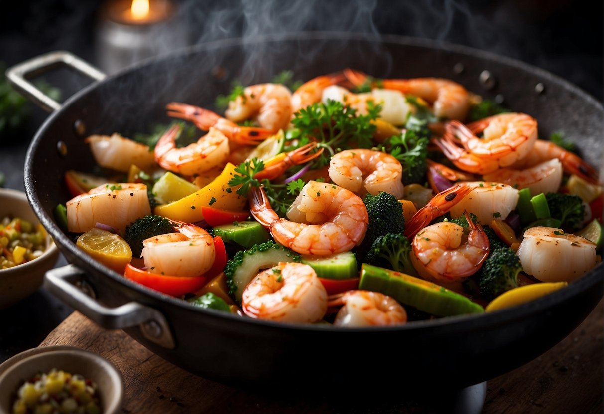 A sizzling wok filled with plump shrimp and succulent scallops, surrounded by vibrant vegetables and aromatic spices