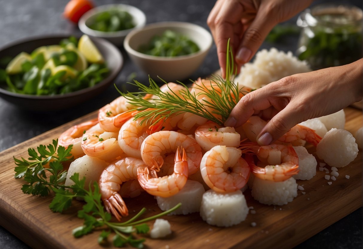 A hand reaches for fresh shrimp and scallops on a cutting board, surrounded by various Chinese cooking ingredients