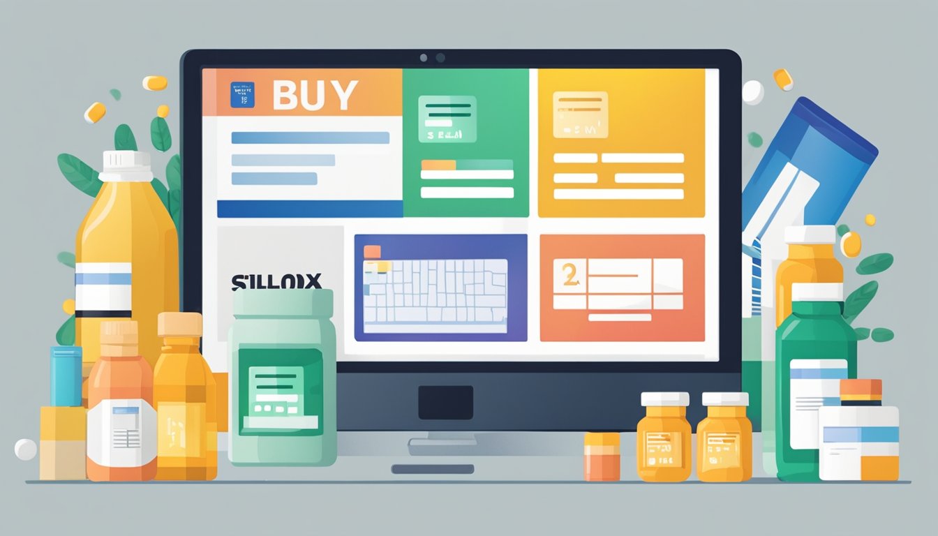 A computer screen showing a website with the words "buy stilnox online" in bold letters, surrounded by various prescription pill bottles and a credit card