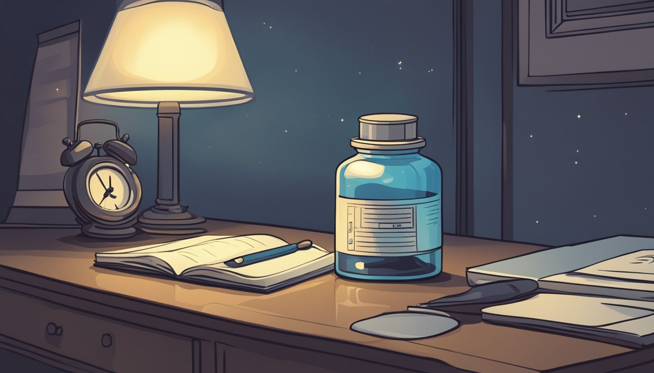 A pill bottle of Stilnox sits on a bedside table, with a clock showing midnight in the background. The room is dimly lit, creating a sense of tranquility