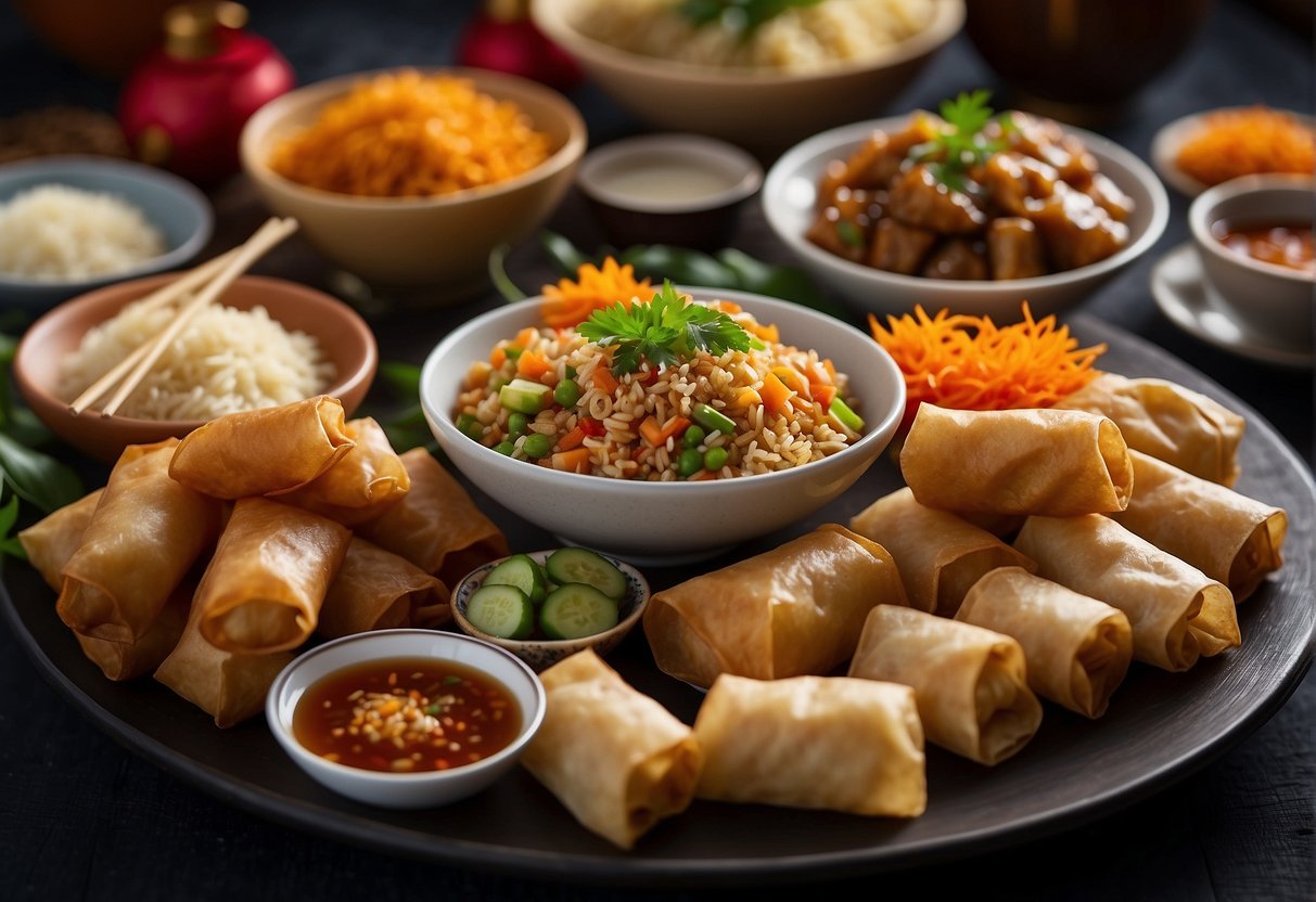 A table filled with colorful and aromatic Chinese appetizers and side dishes, such as spring rolls, dumplings, and fried rice, arranged in a festive manner for a Chinese New Year celebration