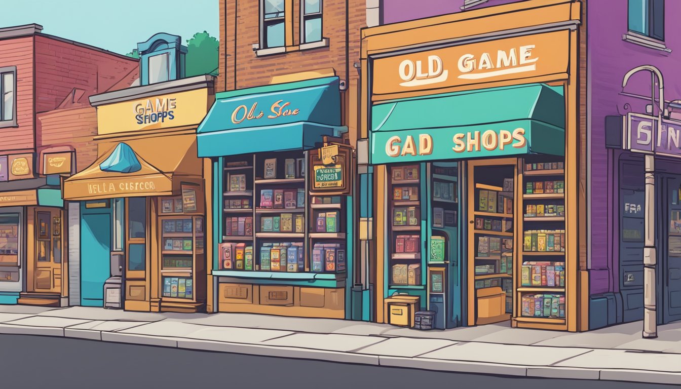 A quaint street lined with colorful storefronts, displaying vintage game cartridges and consoles. A sign reads "Old School Game Shops" in bold lettering