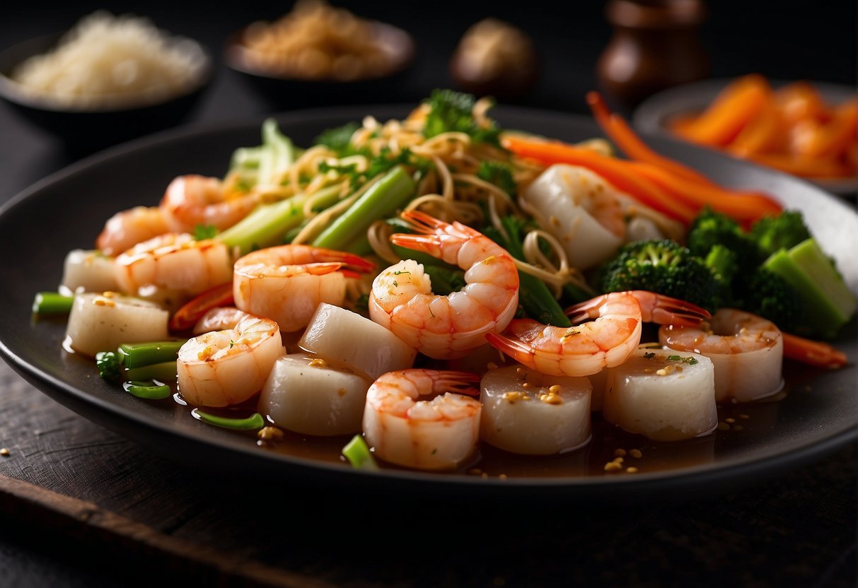 Shrimp and scallops are being marinated in soy sauce and ginger, while vegetables are being chopped for a Chinese stir-fry dish