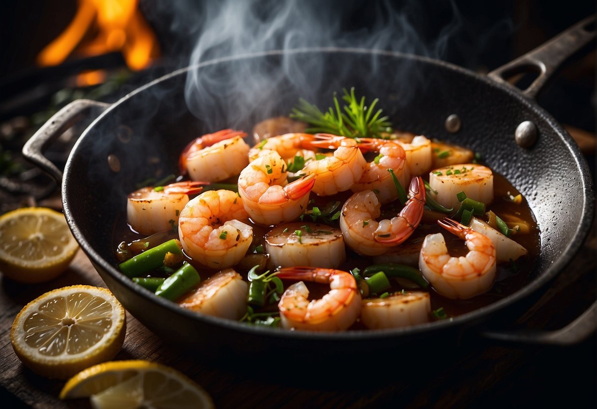 Shrimp and scallops sizzling in a wok with garlic, ginger, and soy sauce. Steam rising, vibrant colors, and tantalizing aroma