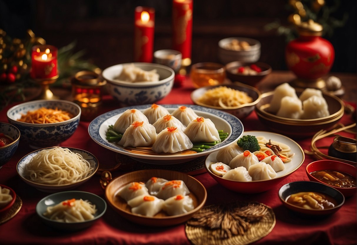 A table set with traditional Chinese New Year dishes, including steamed fish, dumplings, and longevity noodles, surrounded by vibrant red and gold decorations