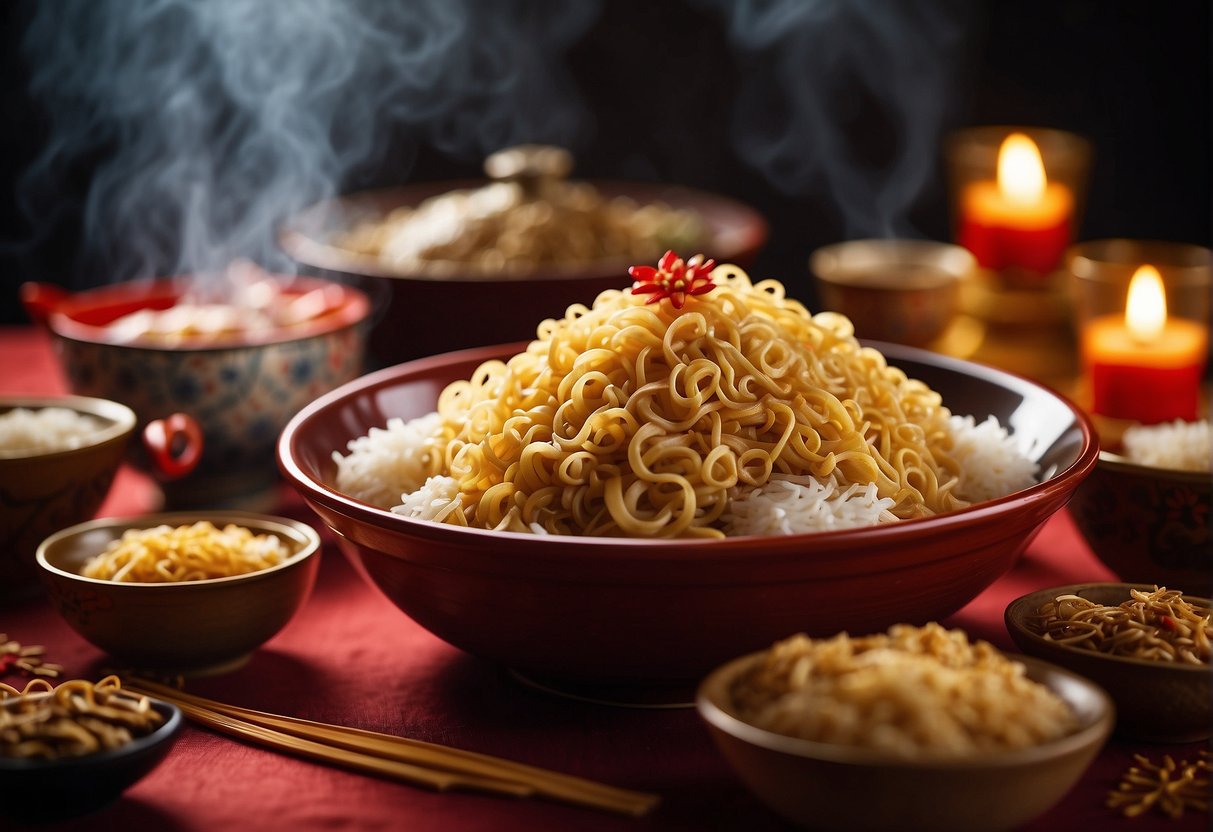 A table adorned with steaming bowls of noodles and rice, surrounded by vibrant red and gold decorations for Chinese New Year