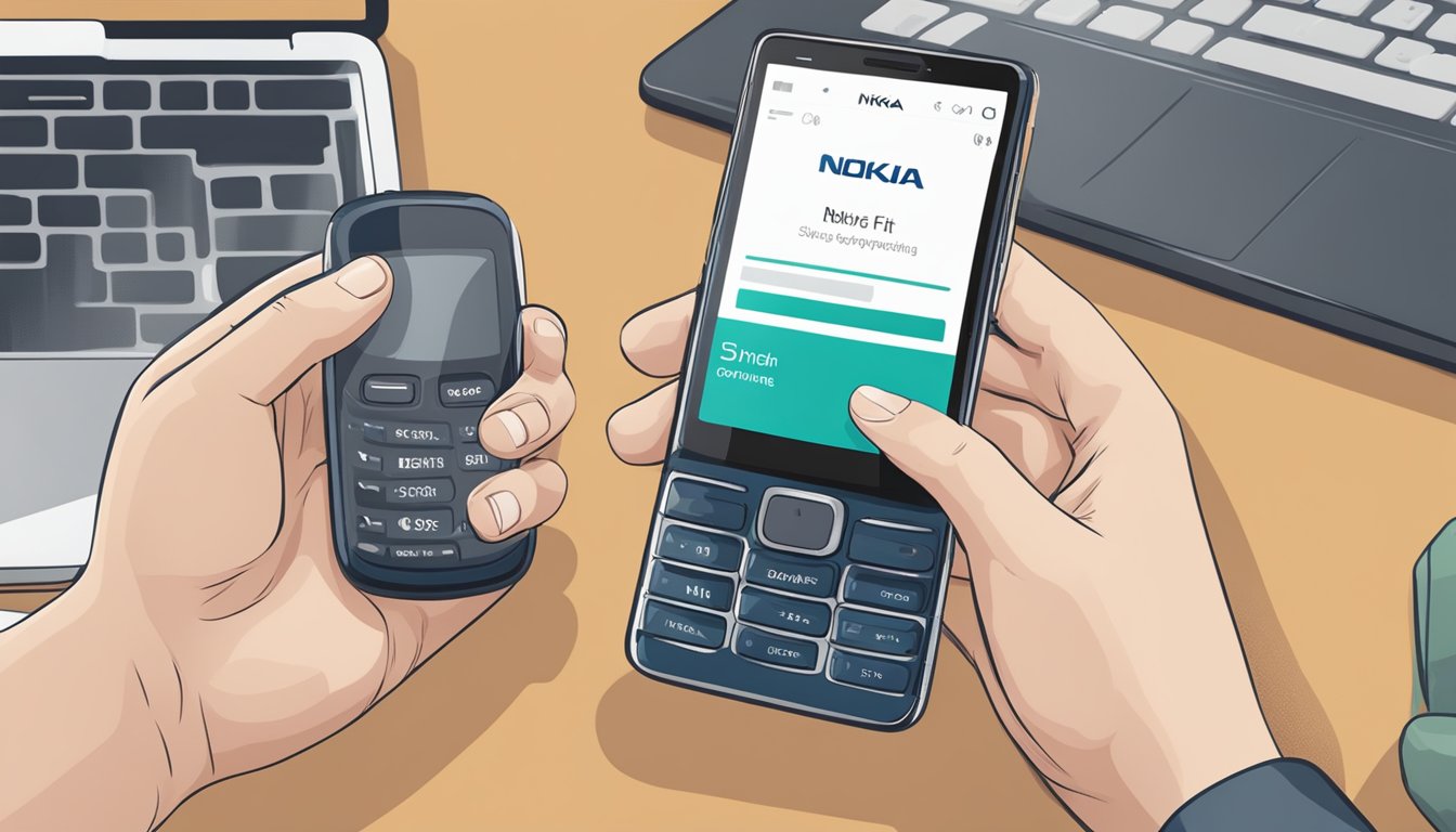 A hand holding a smartphone with the Nokia logo on the screen, while a computer shows an online shopping website with the words "Nokia Fit buy online" prominently displayed