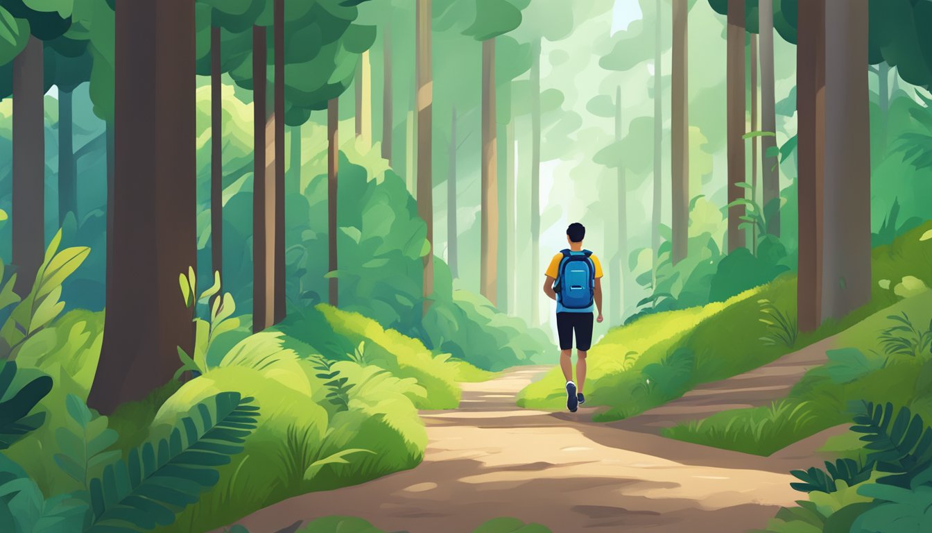 A person wearing a Nokia Fit smartwatch hikes through a scenic forest trail, surrounded by tall trees and lush greenery