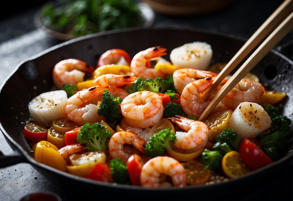 Fresh shrimp and scallops are being carefully arranged in a sizzling wok with colorful vegetables and aromatic spices