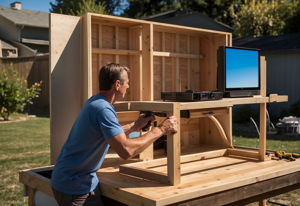 A person constructs a wooden outdoor TV cabinet, using tools and materials, in a backyard setting with a clear blue sky