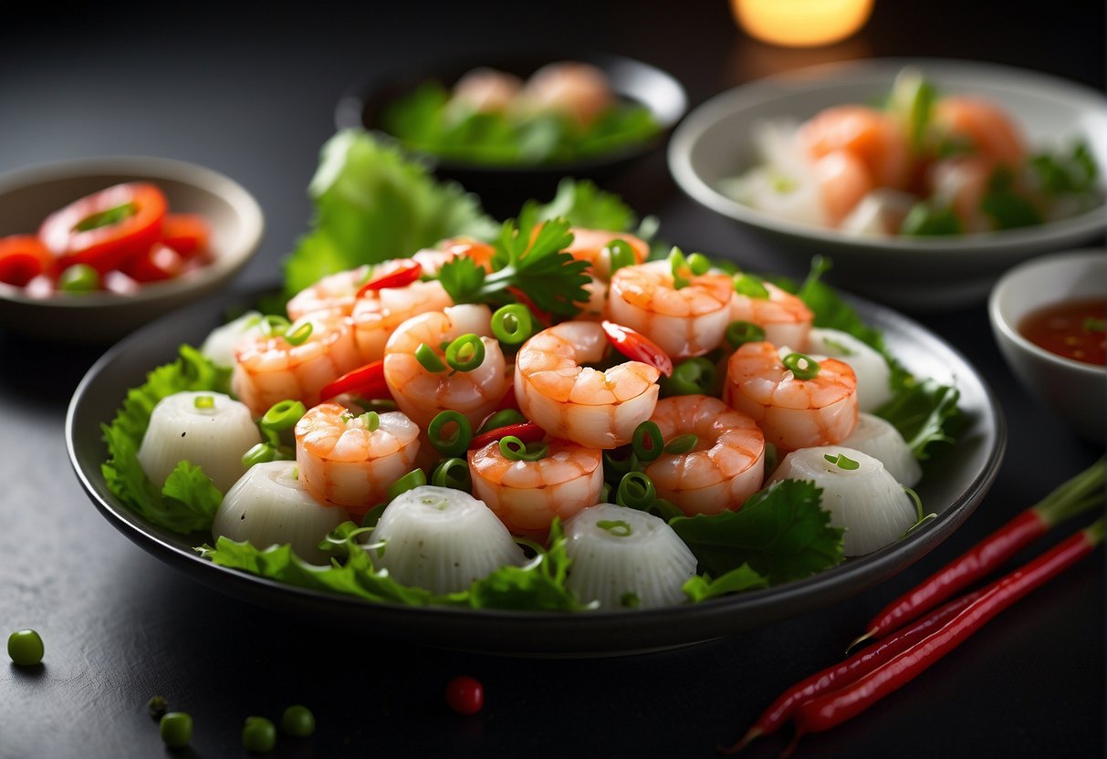 A platter of shrimp and scallop Chinese dish, garnished with vibrant green scallions and red chili peppers, presented on a bed of crisp, white, lettuce leaves