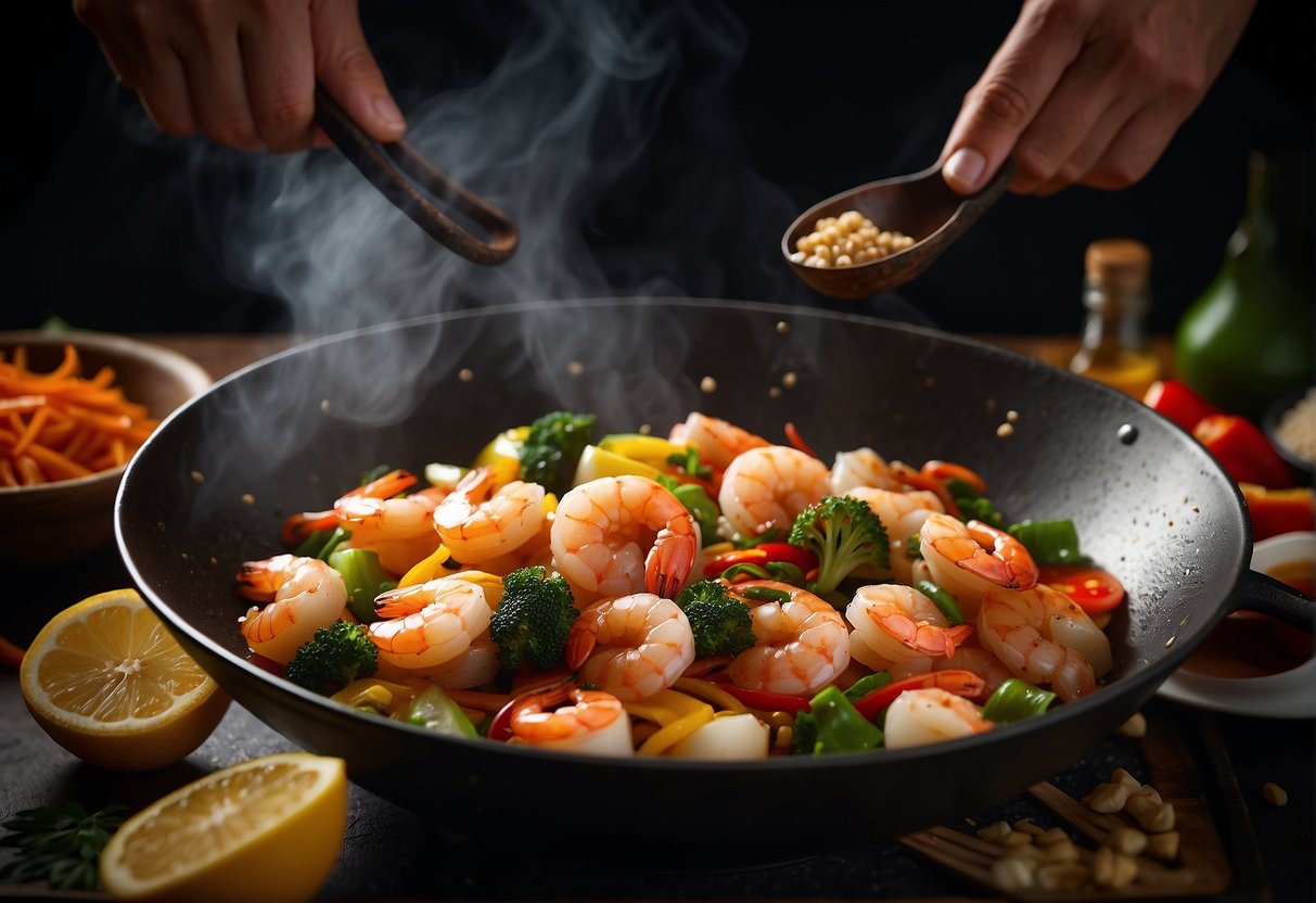 A sizzling wok with shrimp and scallops, surrounded by colorful Chinese ingredients and spices. A chef's hand adds a splash of soy sauce