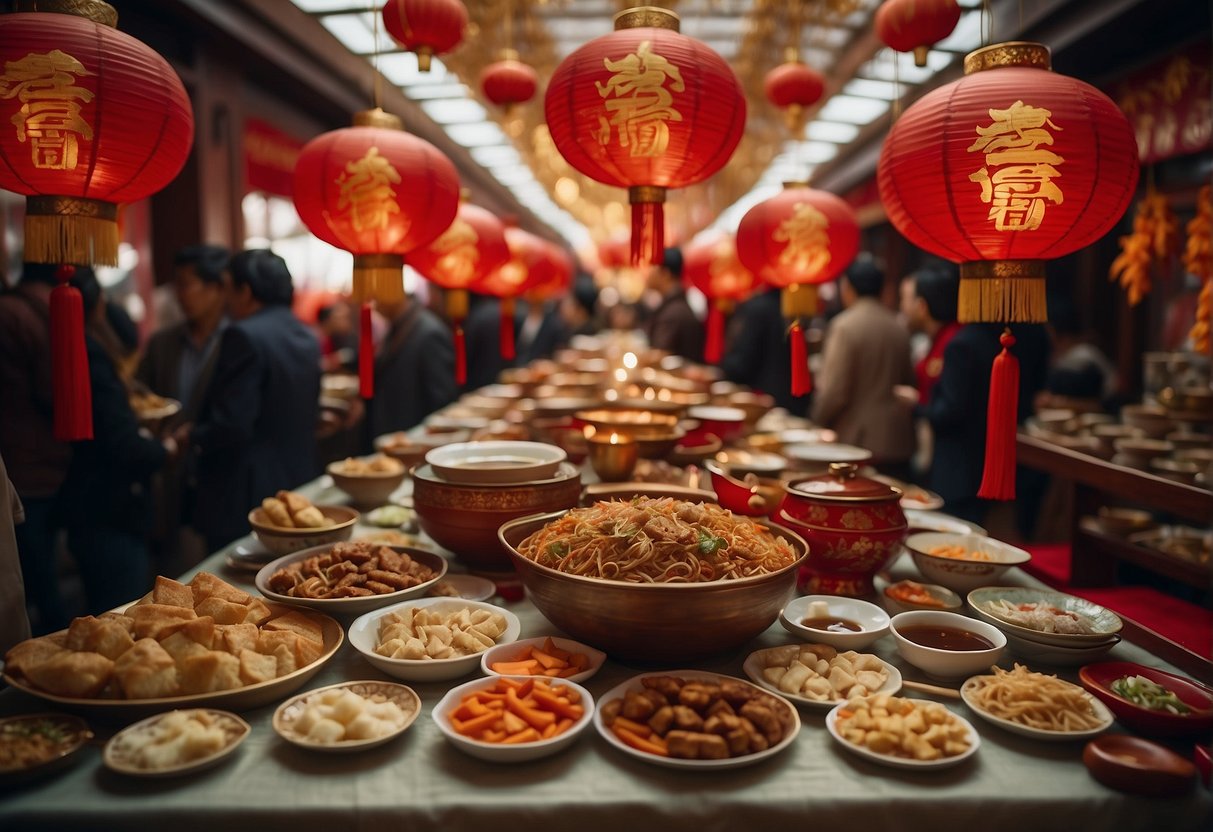 A table filled with traditional Chinese New Year dishes, surrounded by curious onlookers. Red lanterns and festive decorations hang from the ceiling