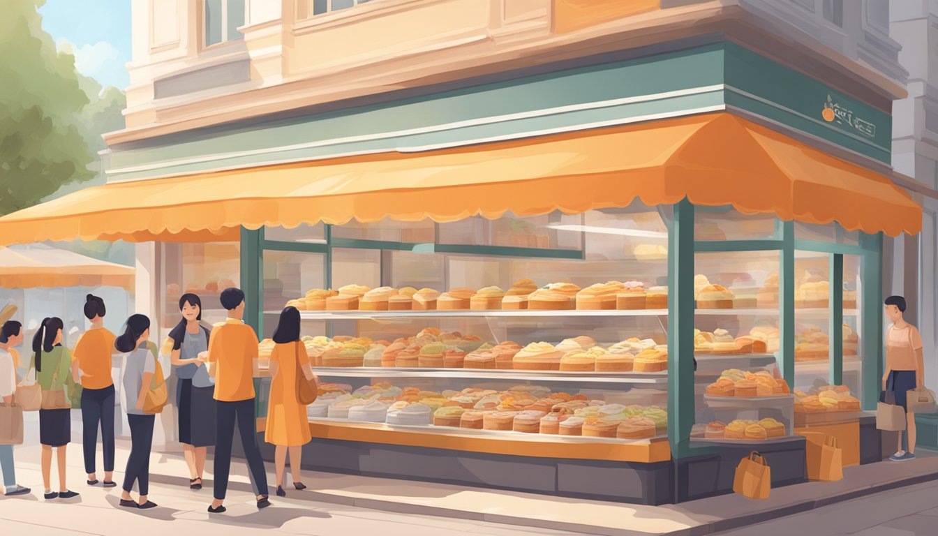 A bustling bakery in Singapore displays a vibrant orange chiffon cake, with customers eagerly lining up to purchase slices