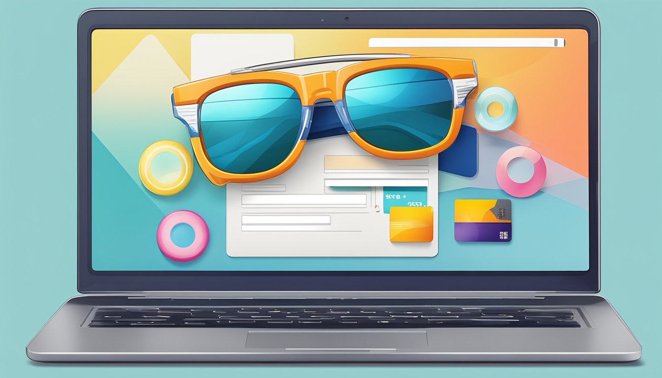 A laptop with a colorful array of sunglasses on the screen, a credit card, and a shipping address