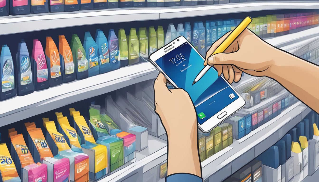 A hand reaching for a Samsung Galaxy Note 4 S Pen replacement package at a Best Buy store