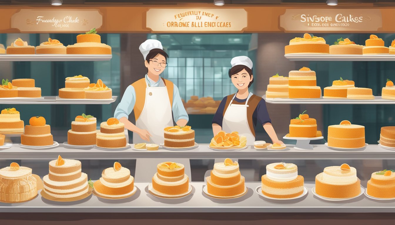 A display of orange chiffon cakes in a Singapore bakery, with a sign reading "Frequently Asked Questions: where to buy orange chiffon cake Singapore."